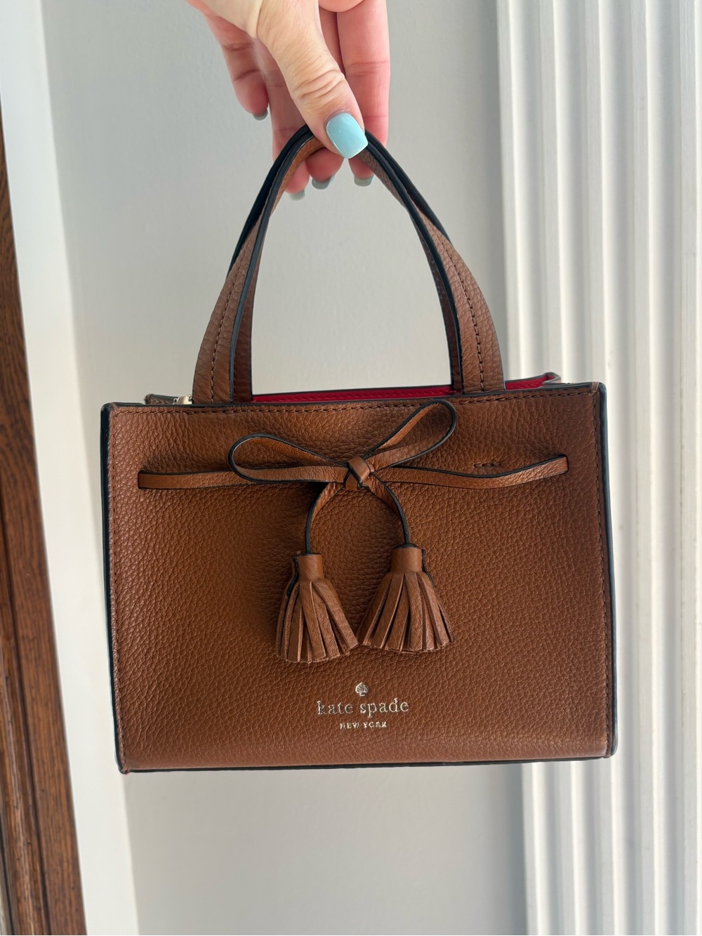 Kate Spade Brown Genuine Leather Mini Handbag with Tassel Bow